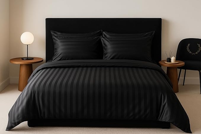WSOKO Microfiber Satin Stripe 400 TC King Size 4Pc AC Comforter Set for Double Bed with 1 Flat Bedsheet and 2 Pillow Covers - Lightweight for All Weather/Season - 90x100 Inches, Black