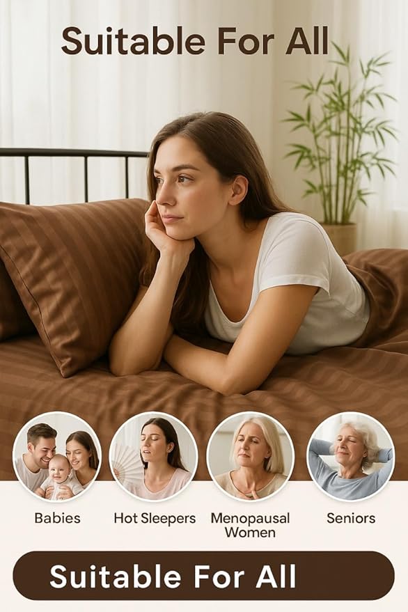 WSOKO Microfiber Satin Stripe 400 TC King Size 4Pc AC Comforter Set for Double Bed with 1 Flat Bedsheet and 2 Pillow Covers - Lightweight for All Weather/Season - 90x100 Inches, Brown