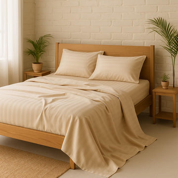WSOKO 600 TC Premium Cotton Cream Stripe Queen/Double Bedsheet | 90 x 100 Inch | 1 Bedsheet + 2 Pillow Covers