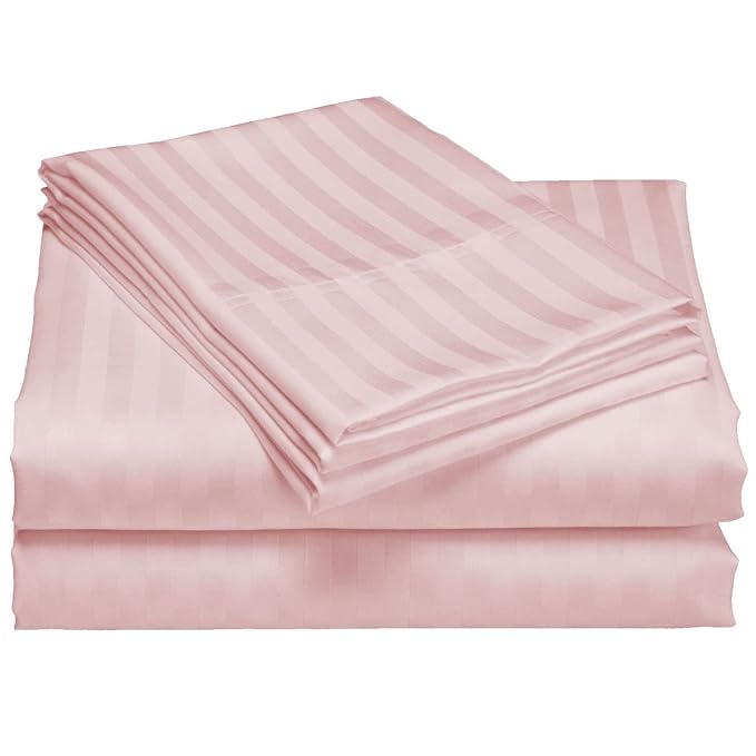 WSOKO KING SIZE 108X108100% Egyptian Cotton Bed Sheets 600 Thread Count Sateen Finish Luxuries Hotel Quality (1 Flat Bedsheet and 2 Pillowcase) Pink Stripe King Size