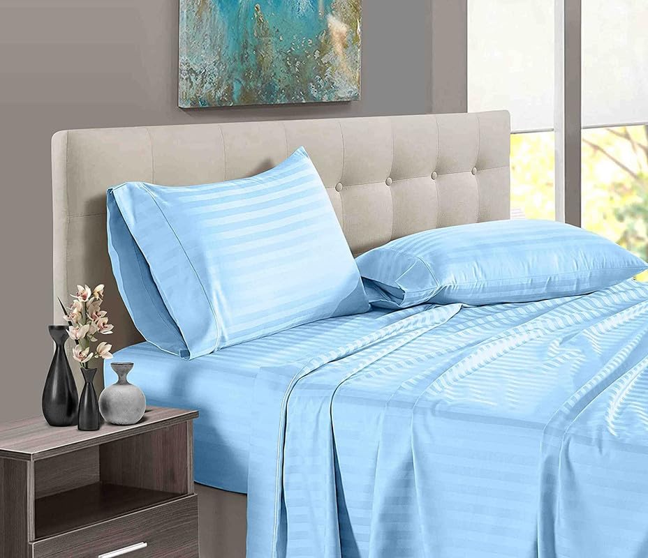 WSOKO Cotton Premium Satin Stripe King Size Bedsheet 108 x 108 Inches with 2 Pillow Covers | 100% Cotton | Hotel Quality | Soft & Breathable | Sky Blue