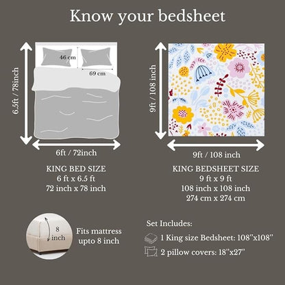 100% Cotton Bed Sheet for King Size Bed, 1 King Size Bed Sheet (108x108 Inches) with 2 Pillow Covers, Premium 240 TC Bedsheet for Double Bed King Size