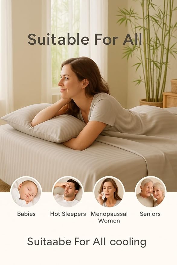 WSOKO COTTON Microfiber Satin Stripe 400 TC King Size 4Pc AC Comforter Set for Double Bed with 1 Flat Bedsheet and 2 Pillow Covers - Lightweight for All Weather/Season - 90x100 Inches, Beige