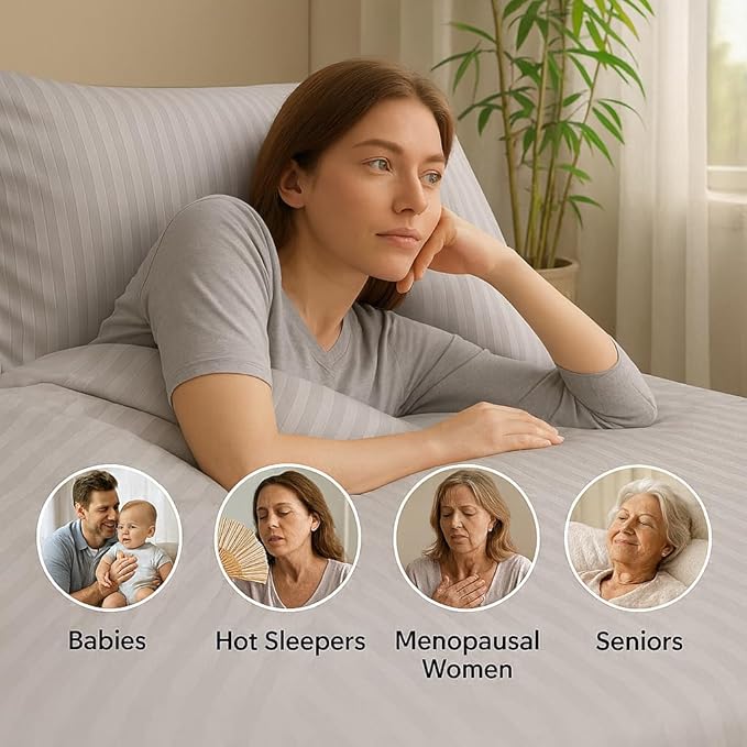 WSOKO COTTON Microfiber Satin Stripe 400 TC King Size 4Pc AC Comforter Set for Double Bed with 1 Flat Bedsheet and 2 Pillow Covers - Lightweight for All Weather/Season - 90x100 Inches, Silver