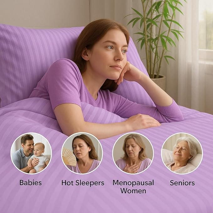 WSOKO COTTONMicrofiber Satin Stripe 400 TC King Size 4Pc AC Comforter Set for Double Bed with 1 Flat Bedsheet and 2 Pillow Covers - Lightweight for All Weather/Season - 90x100 Inches, Purple
