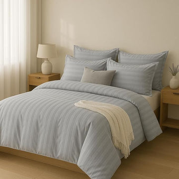 WSOKO COTTON Microfiber Satin Stripe 400 TC King Size 4Pc AC Comforter Set for Double Bed with 1 Flat Bedsheet and 2 Pillow Covers - Lightweight for All Weather/Season - 90x100 Inches, Silver