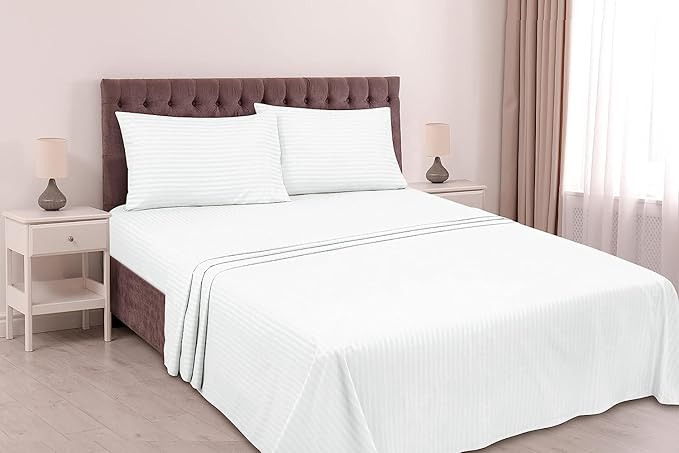 WSOKO COTTON 300 TC 100% Cotton Satin Stripes King Bed Sheet - Premium Hotel Bedsheet + 2 Pillow Covers Set for Hotels, Guest House & B&B (White,108x108 inch)