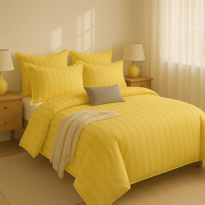 WSOKO COTTON Microfiber Satin Stripe 400 TC King Size 4Pc AC Comforter Set for Double Bed with 1 Flat Bedsheet and 2 Pillow Covers - Lightweight for All Weather/Season - 90x100 Inches, Yellow