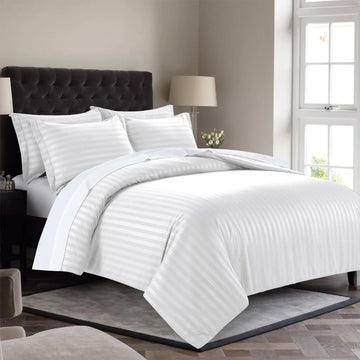 WSOKO White Satin Stripe Microfiber Comforter Quilt Duvet Set | King Size | Hotel Quality | 4-Piece Set