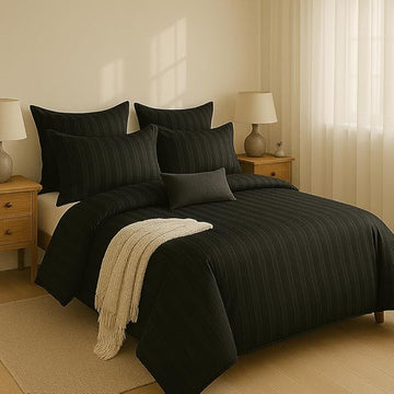 WSOKO Microfiber Satin Stripe 400 TC King Size 4Pc AC Comforter Set for Double Bed with 1 Flat Bedsheet and 2 Pillow Covers - Lightweight for All Weather/Season - 90x100 Inches, Black