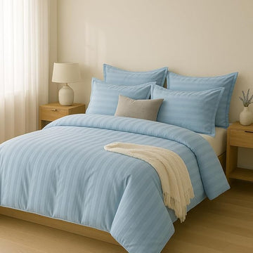 WSOKO Microfiber Satin Stripe 400 TC King Size 4Pc AC Comforter Set for Double Bed with 1 Flat Bedsheet and 2 Pillow Covers - Lightweight for All Weather/Season - 90x100 Inches, Aqua Blue