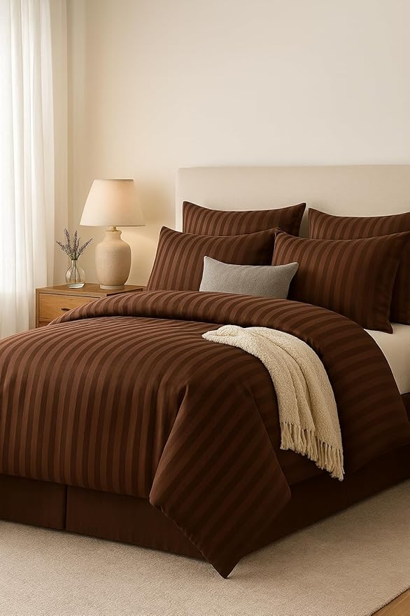WSOKO Microfiber Satin Stripe 400 TC King Size 4Pc AC Comforter Set for Double Bed with 1 Flat Bedsheet and 2 Pillow Covers - Lightweight for All Weather/Season - 90x100 Inches, Brown