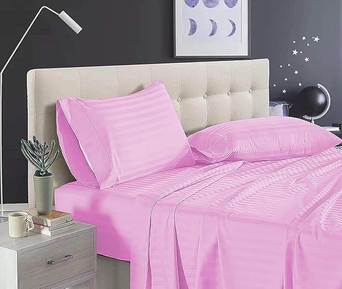 WSOKO COTTON 400 TC Home Pure Cotton Bedsheet | King Size Bedsheet with Two Pillow Covers | Luxury Comfort 400 GSM&nbsp; | Cotton Bed Cover with Satin Stripe (Pink