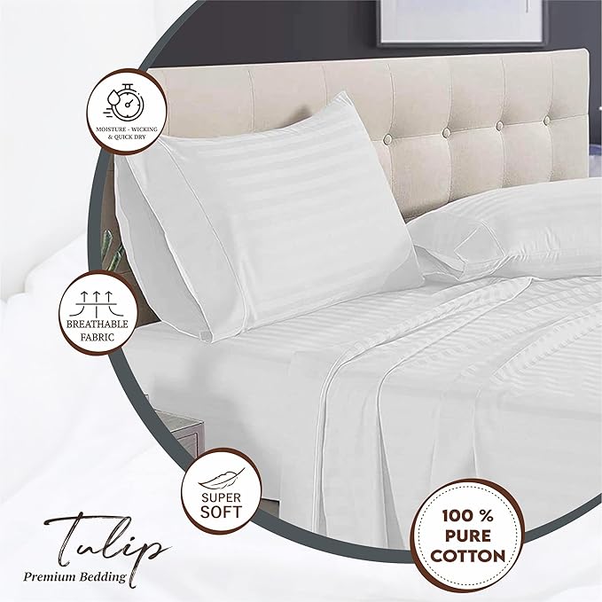 WSOKO Cotton Satin Stripe White Bed Sheet, 200 Thread Count, Premium Comfort Cotton Bedsheets for Home, Hotels &amp; Guest House (Super King)