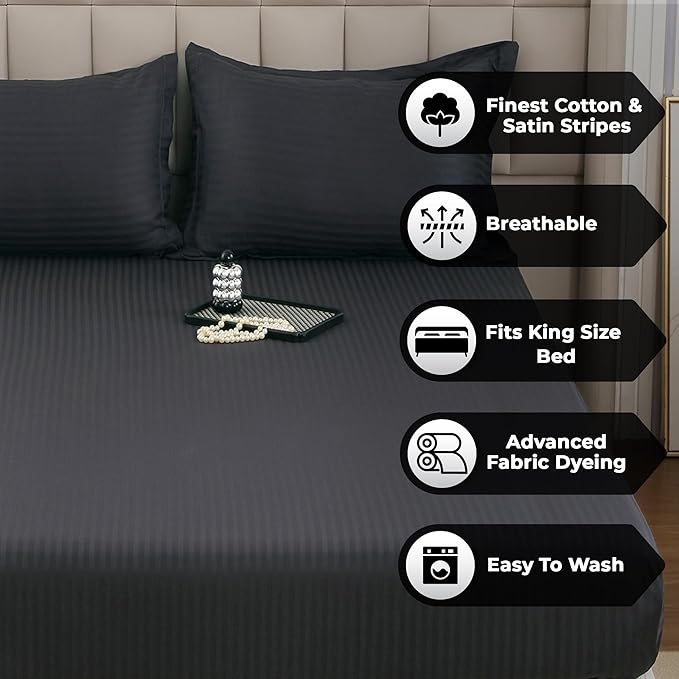 WSOKO 100% Cotton Bedsheet for Queen Bed Size | Bedding Set of 3 Piece 1-Flat Sheet 2-Pillow Cover | 300TC Super Soft, Breathable &amp; Luxurious Comfort Bed Sheet &amp; Pillowcases | Black Stripe