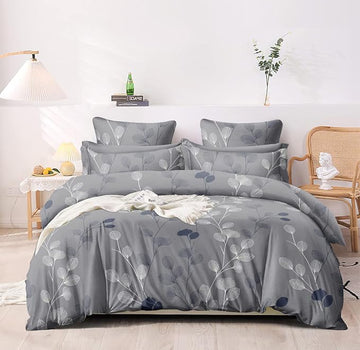 WSOKO Soft Cotton Super King Size Bedsheet for Double Bed, King Size 108 Inches X 108 Inches, 9 Feet, 275 X 275 cm with 2 Large Size Pillow Covers Without Joint - GreyBaleLeaves