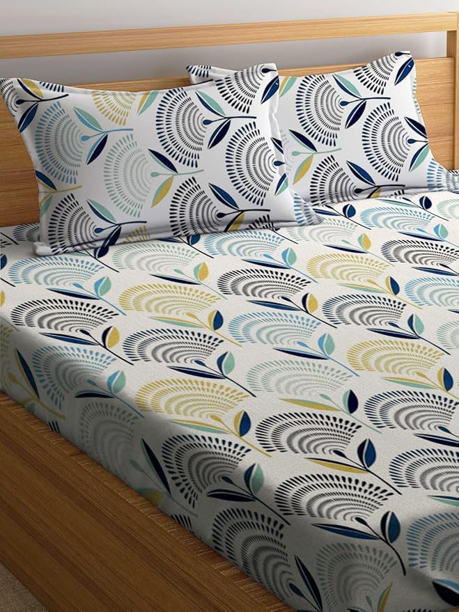 WSOKO 400TC&nbsp; &nbsp;Furnistitchs Premium Cotton Double Super King Size Bedsheet with 2 Pillow Covers 108" x 108" / 9ft x 9 feet Bedsheets (King 108"x108", White Fans)