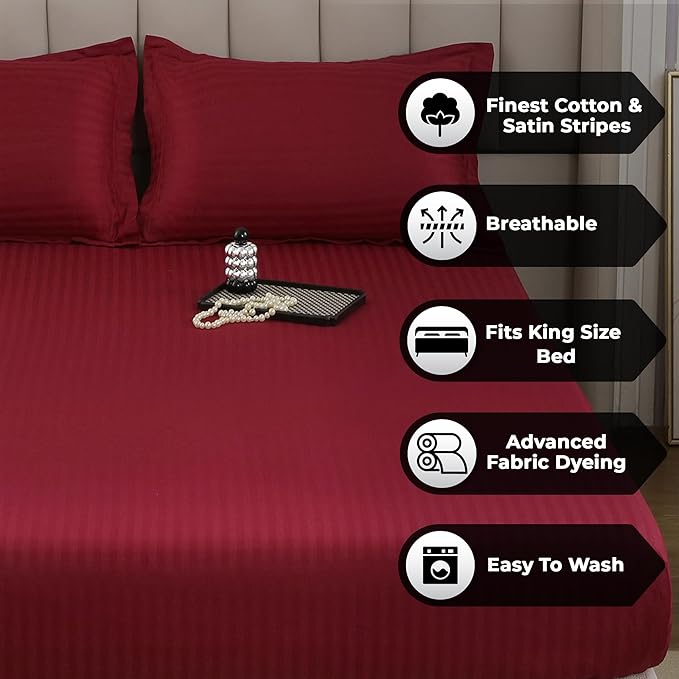 WSOKO 600 TC Premium Cotton Maroon Stripe Queen/Double Bedsheet – 90 × 100 Inch