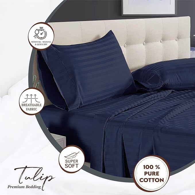 WSOKO 600 TC Premium Cotton Navy Blue Stripe Super King Bedsheet – 108 × 108 Inch