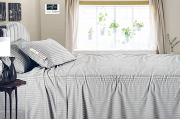 WOKO COTTON 400TC  Striped Bed Sheet – 300 TC Cotton Feel – Super King (108"x108") – Silver – with 2 Pillow Covers | Ideal for Hostels, PGs, Hotels & Guest Houses