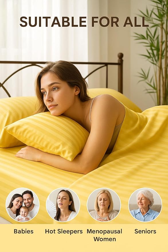 WSOKO COTTON Microfiber Satin Stripe 400 TC King Size 4Pc AC Comforter Set for Double Bed with 1 Flat Bedsheet and 2 Pillow Covers - Lightweight for All Weather/Season - 90x100 Inches, Yellow