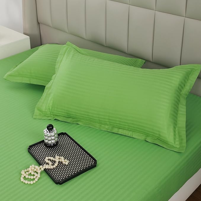 WSOKO COTTON 00% Cotton 300 TC Satin Stripe Bedsheet for King Size Bed with 2 Pillow Covers Hotel Collection | Super Soft King Size Bedsheet (270 CM x 270 CM OR 108 inch x 108 inch) Lime Green