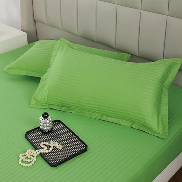 WSOKO COTTON 00% Cotton 300 TC Satin Stripe Bedsheet for King Size Bed with 2 Pillow Covers Hotel Collection | Super Soft King Size Bedsheet (270 CM x 270 CM OR 108 inch x 108 inch) Lime Green