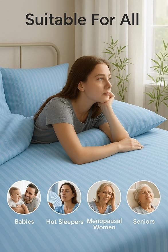 WSOKO Microfiber Satin Stripe 400 TC King Size 4Pc AC Comforter Set for Double Bed with 1 Flat Bedsheet and 2 Pillow Covers - Lightweight for All Weather/Season - 90x100 Inches, Aqua Blue