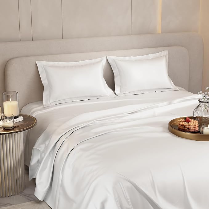 WSOKO 500 TC Satin Bedsheet Double Bed with Pillow Covers, Premium Ultra Satin Bedding Set, Gifts for Women, Couples, Wedding, Bedroom Home Furnishing, Date Night Collection - Vanilla White