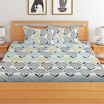 WSOKO 400TC&nbsp; &nbsp;Furnistitchs Premium Cotton Double Super King Size Bedsheet with 2 Pillow Covers 108" x 108" / 9ft x 9 feet Bedsheets (King 108"x108", White Fans)