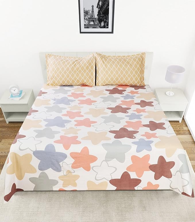 WSOKO COTTON Print 400TC Cotton Super King Size Bedsheets 108x108 Inches with Contrast Pillow Covers (Cream, Pack of 3)