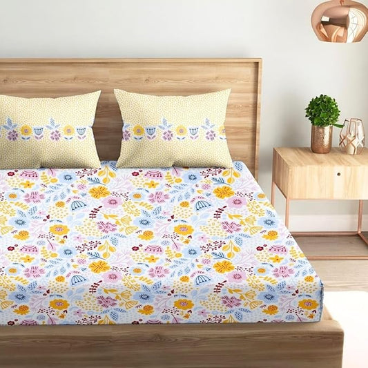 100% Cotton Bed Sheet for King Size Bed, 1 King Size Bed Sheet (108x108 Inches) with 2 Pillow Covers, Premium 240 TC Bedsheet for Double Bed King Size