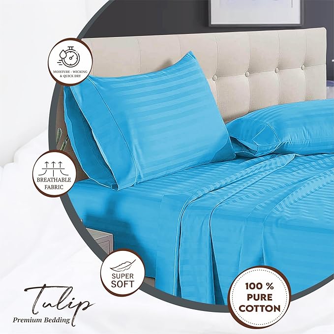 WSOKO COTTON 400 GSM Home Pure Cotton Bedsheet | King Size Bedsheet with Two Pillow Covers | Luxury Comfort 400 TC | Cotton Bed Cover with Satin Stripe (Sky Blue)