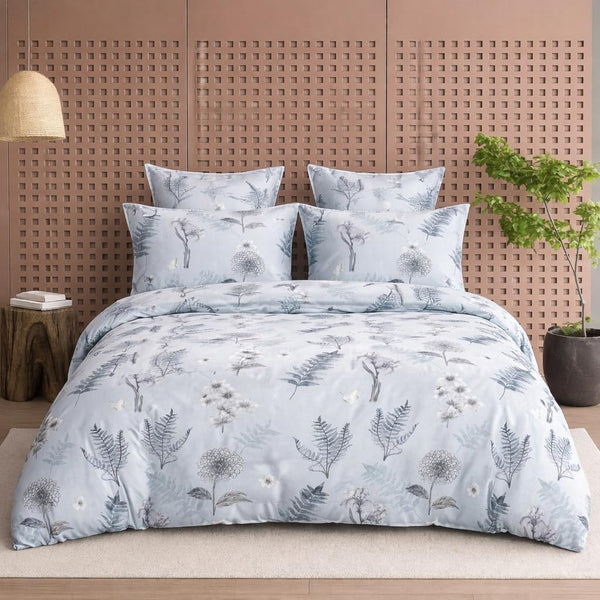 WSOKO 300Cotton Printed Super King Size Double Bedsheet with Two Pillow Covers, 108 * 108 Inches or 9ft by 9ft or 275 cm x 275 cm (Grey Leaf Print)