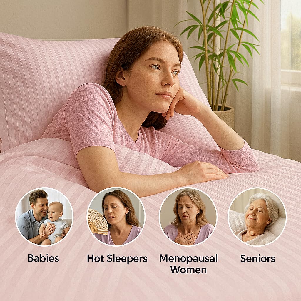 WSOKO Pink Satin Stripe Cotton Bedsheet | Queen/Double Size (90 × 100 Inch) | 400 TC | 1 Bedsheet + 2 Pillow Covers