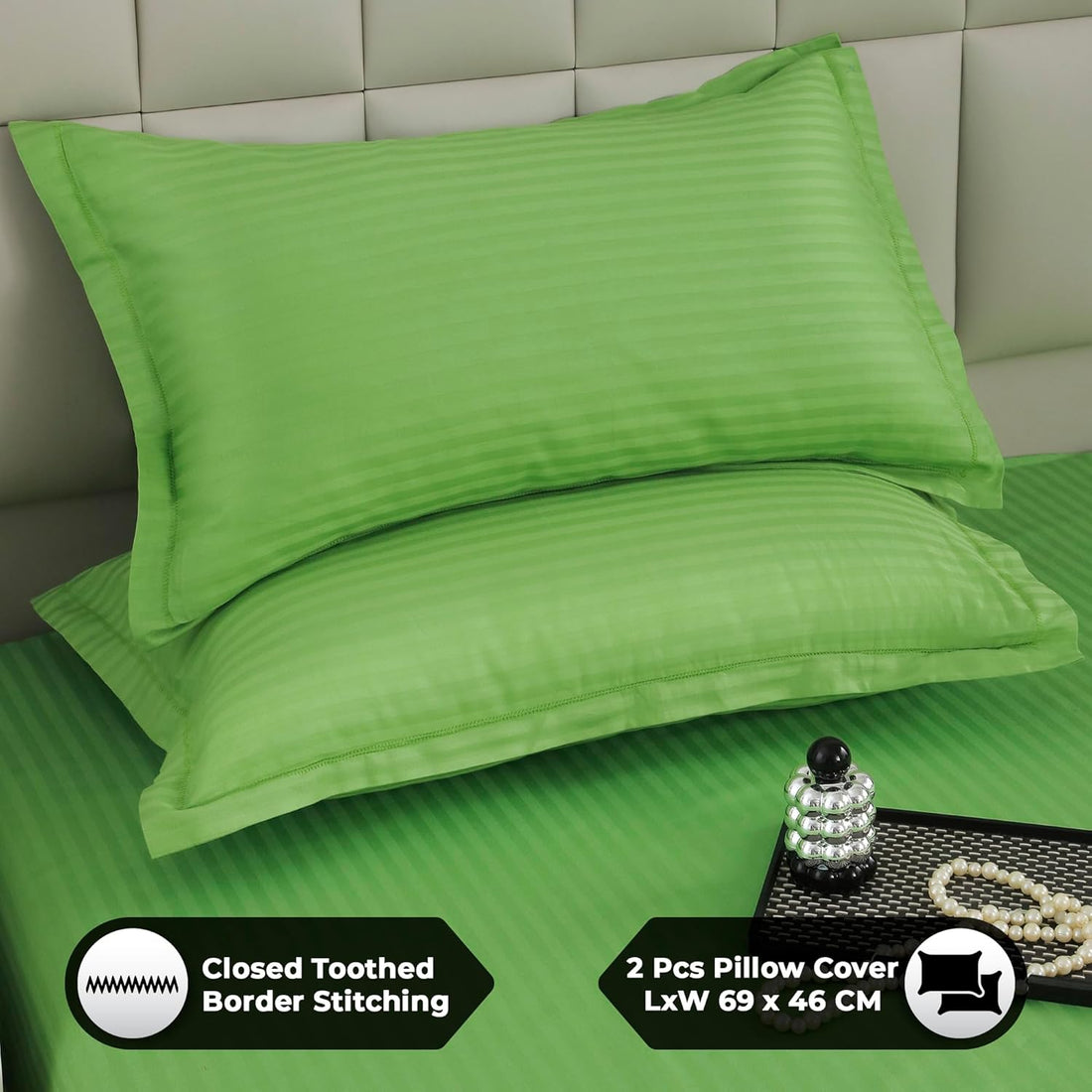 WSOKO COTTON 00% Cotton 300 TC Satin Stripe Bedsheet for King Size Bed with 2 Pillow Covers Hotel Collection | Super Soft King Size Bedsheet (270 CM x 270 CM OR 108 inch x 108 inch) Lime Green