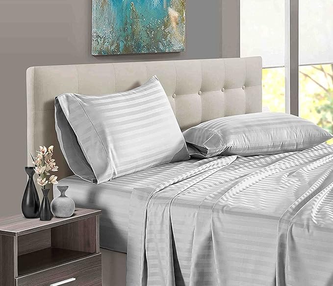 WSOKO Cotton Premium Satin Stripe King Size Bedsheet 108 × 108 Inches with 2 Pillow Covers | 100% Cotton | Hotel Collection | Soft & Breathable | White