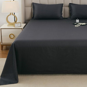 WSOKO 100% Cotton Bedsheet for Queen Bed Size | Bedding Set of 3 Piece 1-Flat Sheet 2-Pillow Cover | 300TC Super Soft, Breathable &amp; Luxurious Comfort Bed Sheet &amp; Pillowcases | Black Stripe