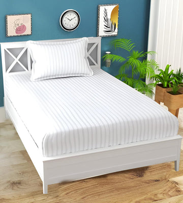 WSOKO COTTON 400 TC Premium Satin Stripe Single Bedsheet | White | 100% Cotton | Hotel Collection |