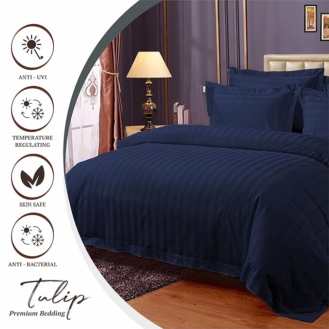 WSOKO COTTON 400 TC Home Pure Cotton Bedsheet | King Size Bedsheet with Two Pillow Covers | Luxury Comfort 400GSM | Cotton Bed Cover with Satin Strip (Navy Blue)