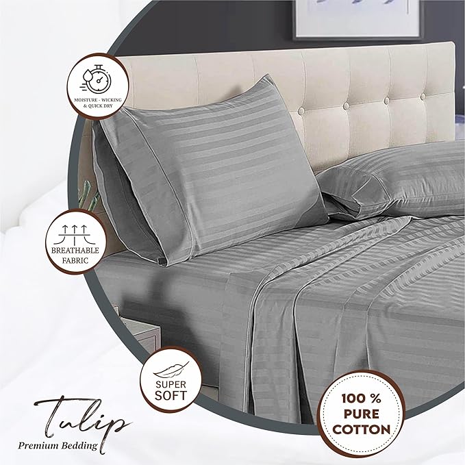 WSOKO 100% Cotton Satin Stripes Double Bed Sheet - Premium Hotel Bedsheet and Pillow Covers Set for Hotels, Guest House &amp; B&amp;B (White,90x100 inch)