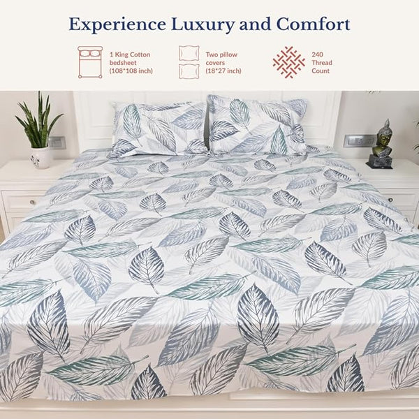 WSOKO COTTON Jaipur Weaves Bedsheet King Size 100% Pure Cotton 400TC Bed Sheet with 2 Pillow Covers, Super Soft Cozy Bedsheets Set,108X108 Inches/ 9Ftx9Ft (Tealish Blue, Super King)