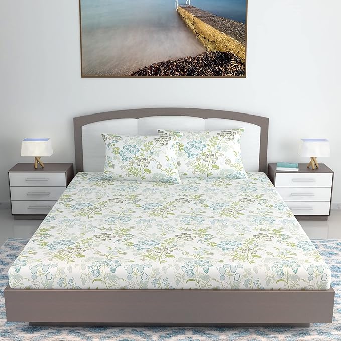 WSOKO 100% Cotton 400TC Bedsheet for Double Bed King Size Bedsheet with 2 Pillow Covers[108X108 (Size:275 X 275 cm, Green, Floral)
