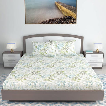 WSOKO 100% Cotton 400TC Bedsheet for Double Bed King Size Bedsheet with 2 Pillow Covers[108X108 (Size:275 X 275 cm, Green, Floral)