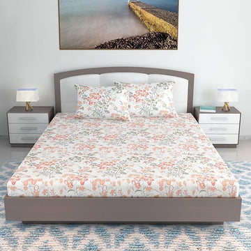 WSOKO 100% Cotton 400TC Bedsheet for Double Bed King Size Bedsheet with 2 Pillow Covers[108X108 (Size:275 X 275 cm, Green, Floral)