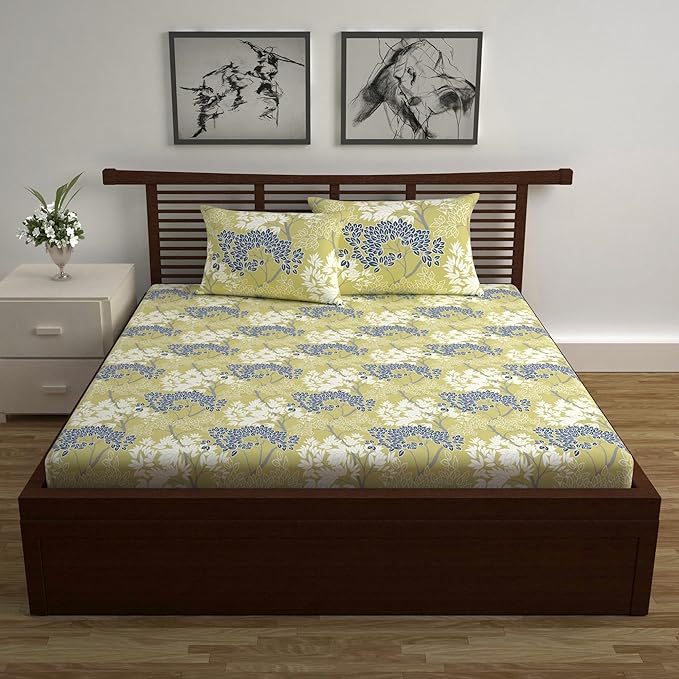 WSOKO 100% Cotton 400TC Bedsheet for Double Bed King Size Bedsheet with 2 Pillow Covers[108X108 (Size:275 X 275 cm, Floral, Lemon Drop