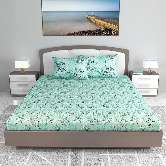 WSOKO 100% Cotton 400TC Bedsheet for Double Bed King Size Bedsheet with 2 Pillow Covers[108X108 (Size:275 X 275 cm, Green, Floral)