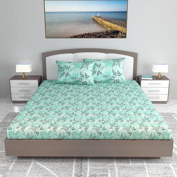 WSOKO 100% Cotton 400TC Bedsheet for Double Bed King Size Bedsheet with 2 Pillow Covers[108X108 (Size:275 X 275 cm, Green, Floral)