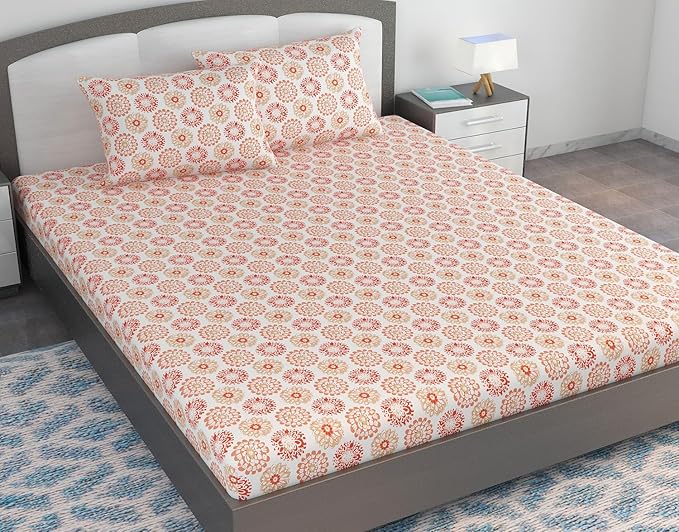 WSOKO 100% Cotton 400TC Bedsheet for Double Bed King Size Bedsheet with 2 Pillow Covers[108X108 (Size:275 X 275 cm,  Red Orange, Floral)