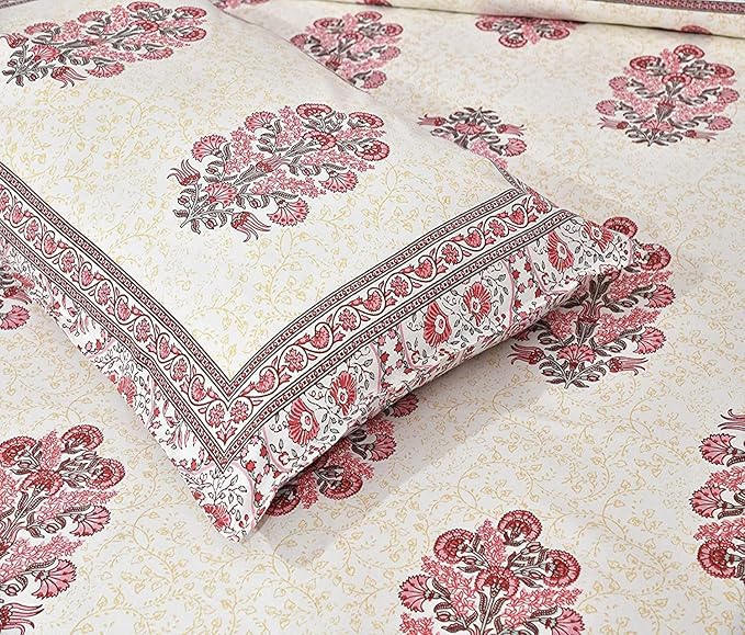 WSOKO&nbsp; 400TC Pure Cotton Bedsheet for Double Bed, King &amp; Queen Size Bed, Jaipuri Rajasthani Design with 2 Pillow Covers, Extra Soft &amp; Wrinkle Free (Pink-3)
